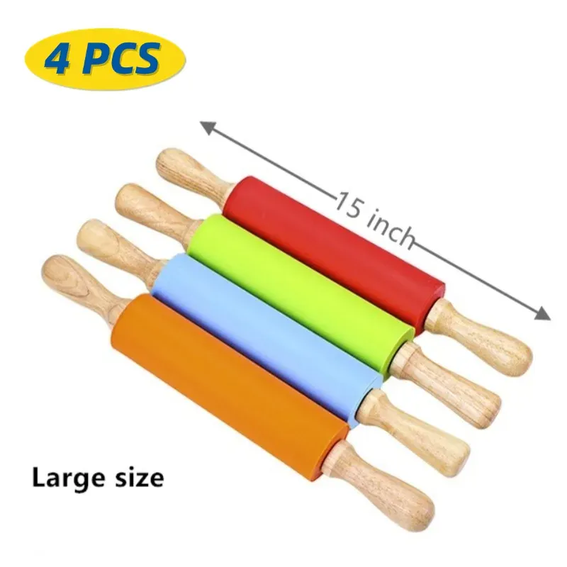 Rouleau à pâtisserie en silicone non-adhérent avec poignées en bois - Set de 14 pièces