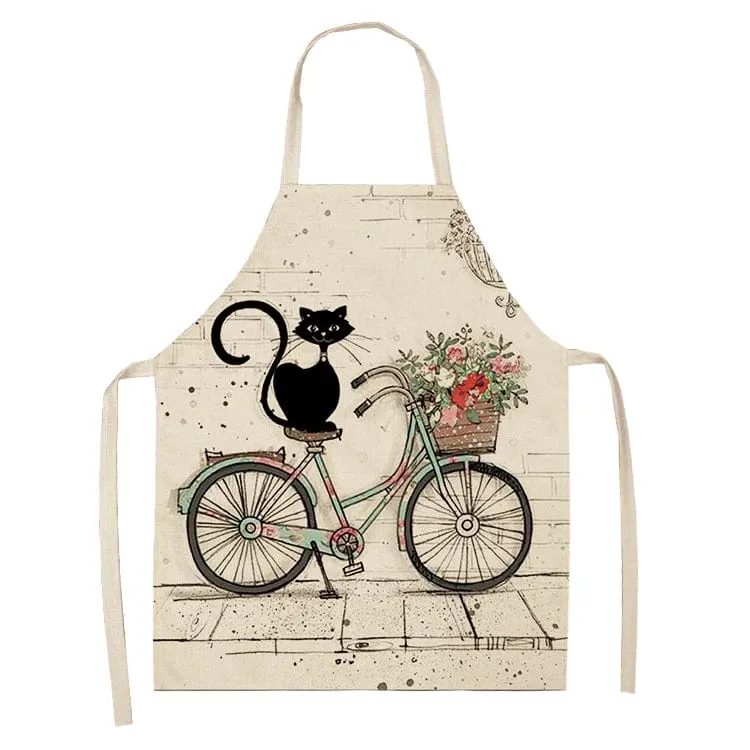 Tablier de cuisine en Lin - Chat noir assis sur un Vélo