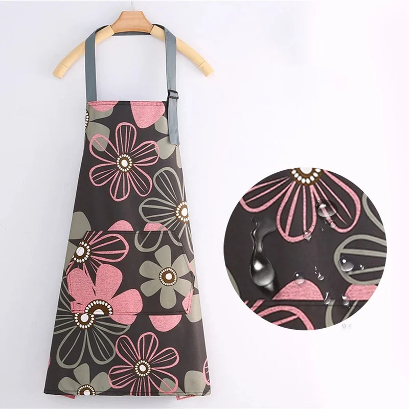 Tablier de cuisine en toile de coton imperméable - Motifs Fleurs sur fond Marron