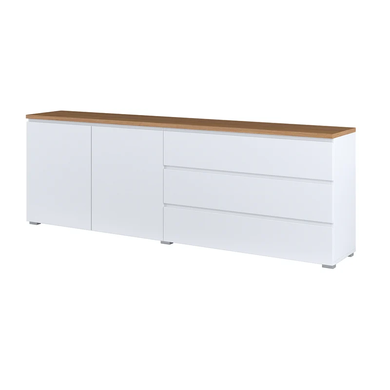 Buffet long 2 portes 3 tiroirs Liko Blanc et Bois
