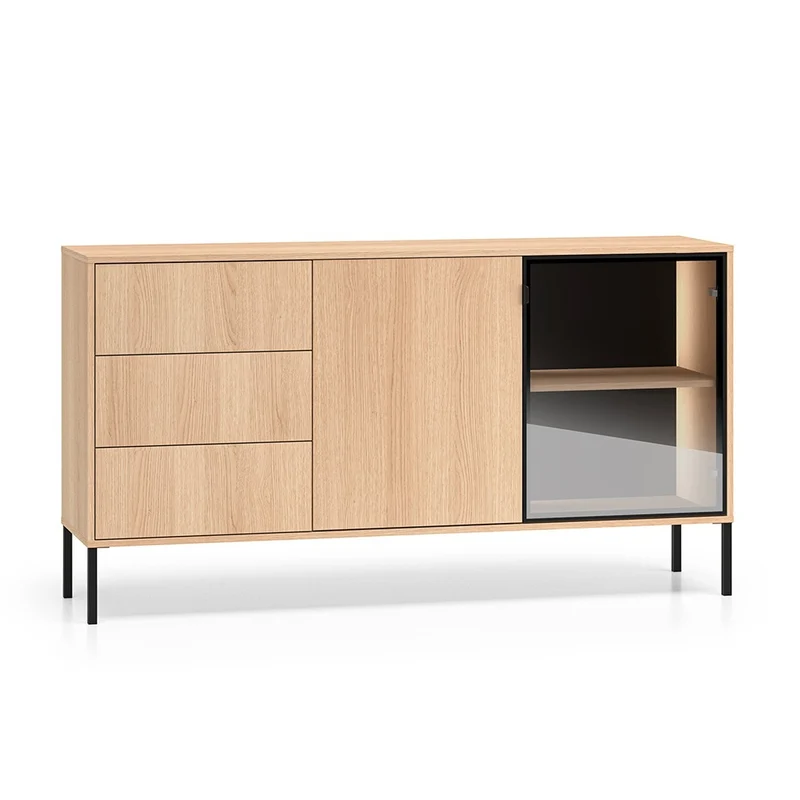 Buffet 2 portes 3 tiroirs LED inclus Paige Bois et Noir