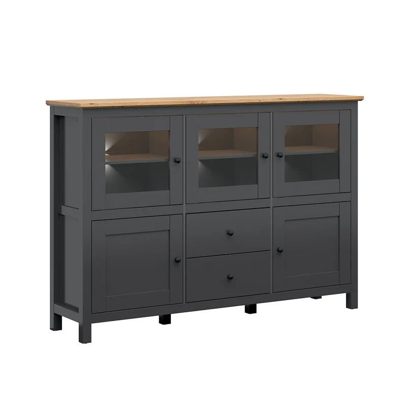 Buffet 5 portes 2 tiroirs avec LED Duck Gris anthracite et Bois