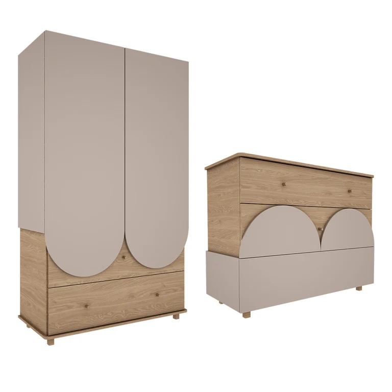 Commode 3 tiroirs et armoire 2 portes 2 tiroirs Wood Luck Bloom - Cachemire et Bois