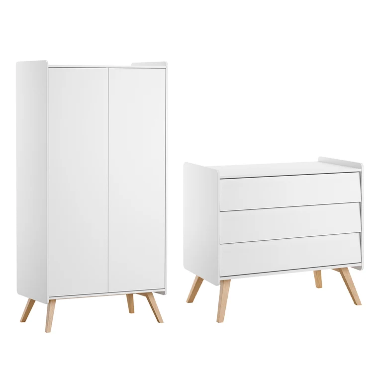 Commode 3 tiroirs et armoire 2 portes Vox Vintage Blanc et Bois