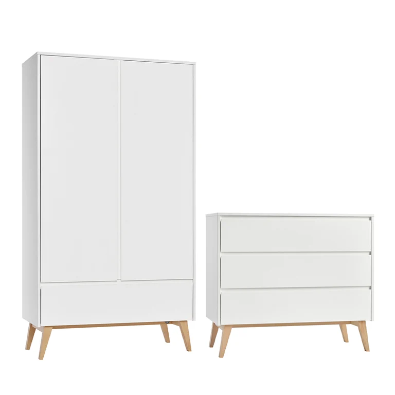 Commode 3 tiroirs et armoire 2 portes Pinio Swing - Blanc et bois
