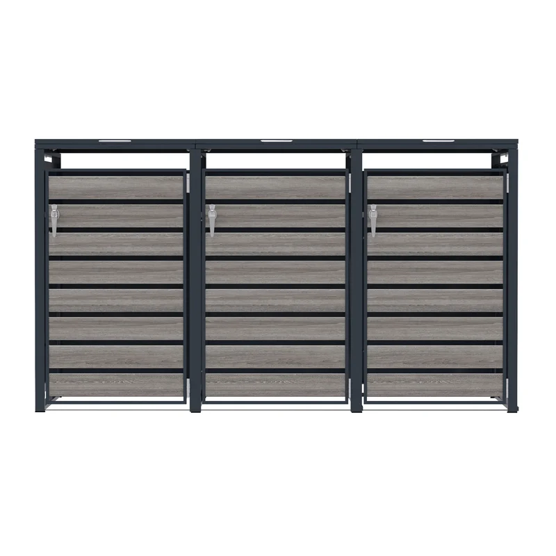 Abri Métallique pour 3 Poubelles à Roulettes - Anthracite et Bois Gris