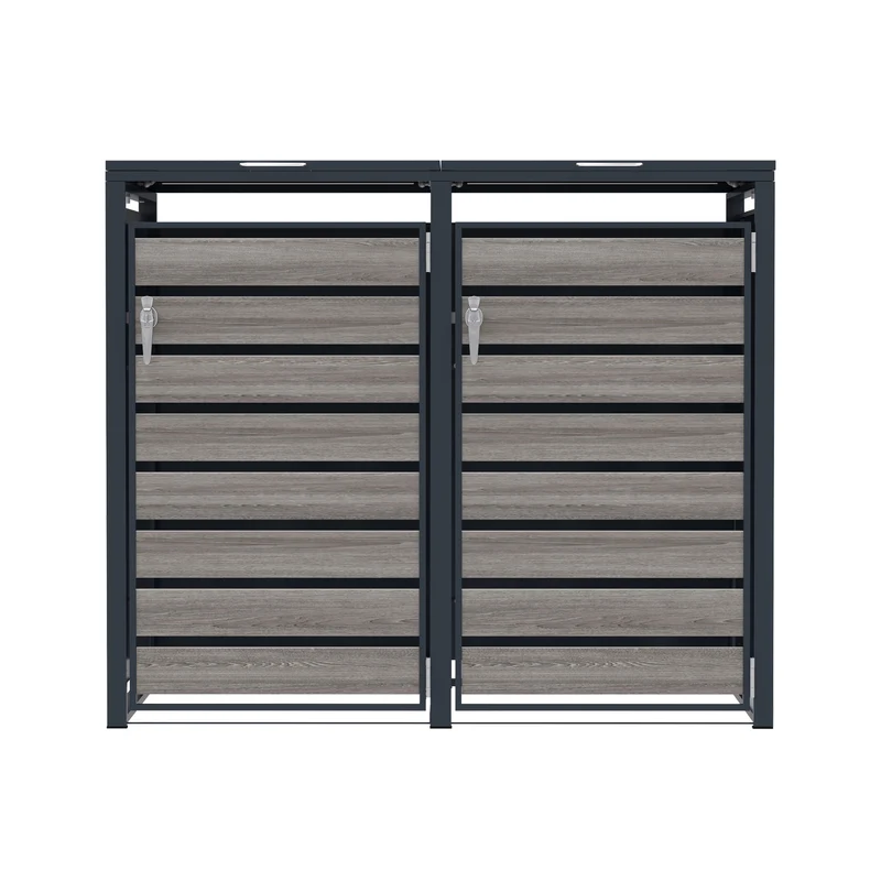 Abri Métallique pour 2 Poubelles à Roulettes - Anthracite et Bois Gris