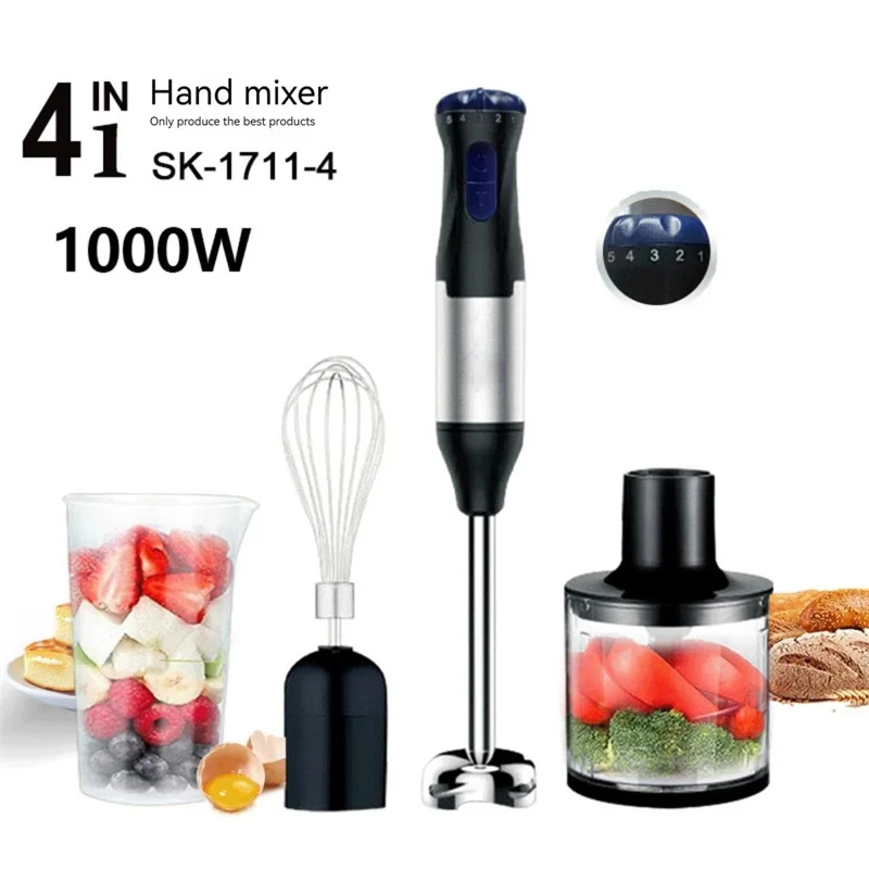 Mixeur plongeant 1000W 4-en-1 : un seul appareil pour mixer, fouetter, hacher et presser