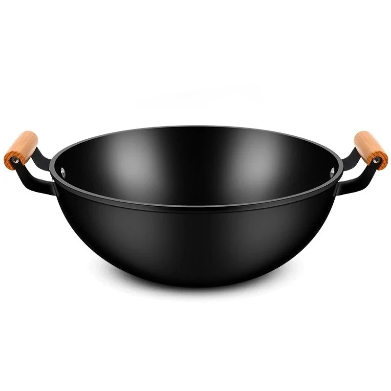 Wok en fer 30 cm avec poignées et manche en bois