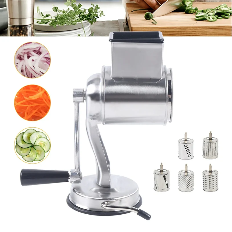 Râpe Rotative Manuelle avec 5 Lames Inox – Coupe-Légumes Multifonction Sécurisé