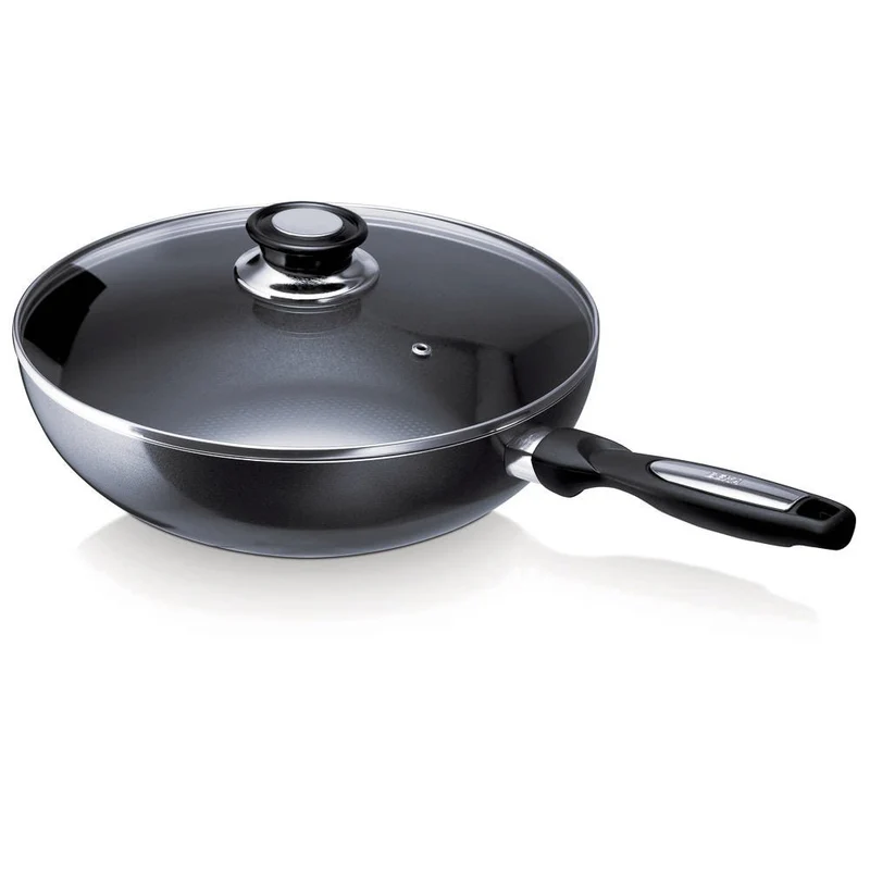 Wok Pro Induc 28 cm en aluminium antiahésif avec couvercle en verre