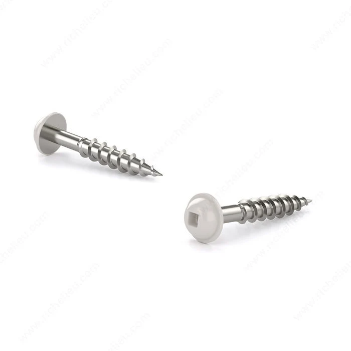 Vis à bois/particule, tête blanche ronde avec rondelle, embout carré, gros filet 1-1/8 pouce