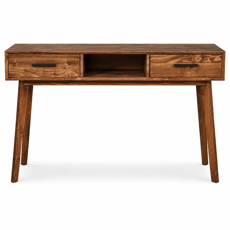Console 2 tiroirs 1 niche en épicéa brossé huilé whisky | Nosta