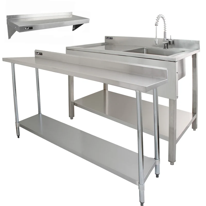 KuKoo Lot de Plan de Travail 180 cm, Évier d'Égouttoir à Gauche & Étagère Murale en Inox