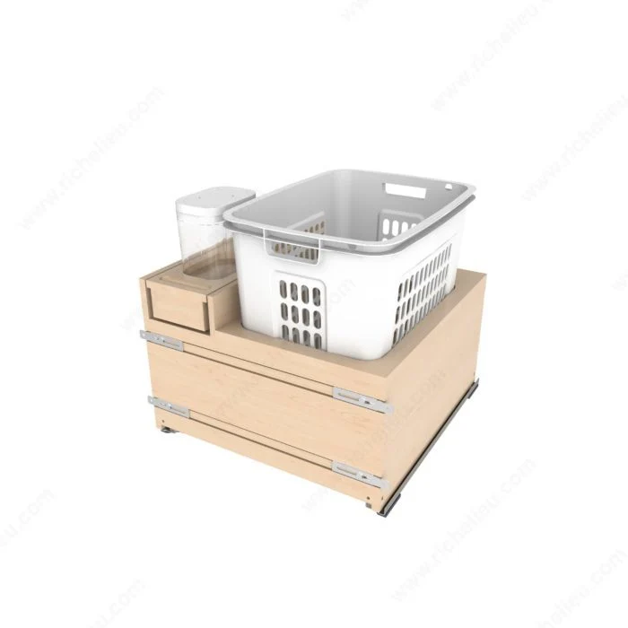 Panier à linge à base en bois avec espace de rangement et fermeture en douceur