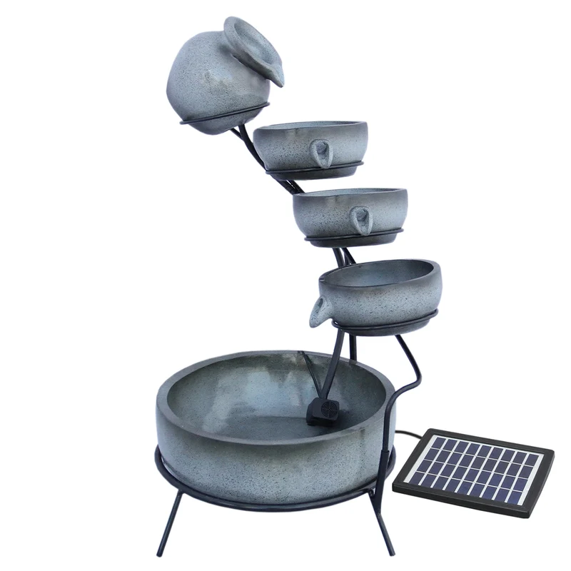 Fontaine de Jardin à 4 Niveaux avec Panneau Solaire - Gris