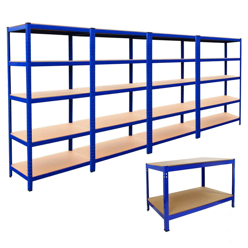 Monster Racking - Lot de 4 Rayonnages T-Rax en Acier Bleu & 1 Établi Q-Rax en Acier Bleu