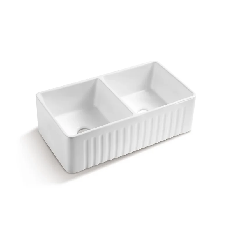 Évier de cuisine double cuve réversible 50/50, style ferme, façade tablier, céramique blanche, 84,5 x 45,7 x 25,4 cm