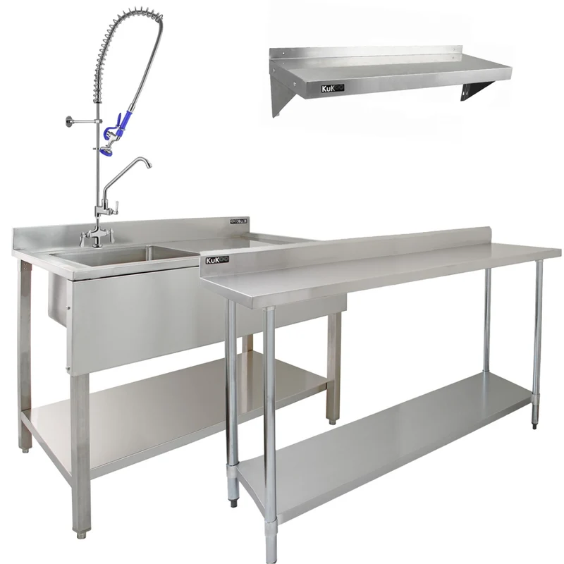 KuKoo Lot de Plan de Travail 150 cm, Évier d'Égouttoir à Droite, 2 Robinets & Étagère Murale en Inox