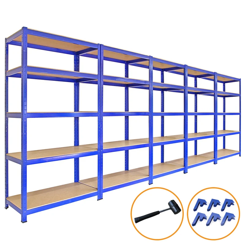 Monster Racking - Lot de 5 Rayonnages T-Rax en Acier Bleu 90cm x 45cm x 180cm, Maillet & Connecteurs de Baies