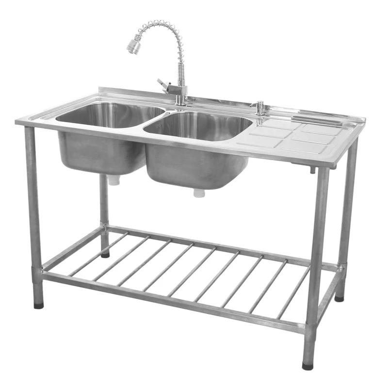 KuKoo Évier Commercial en Inox sur Pied à 2 Cuves – Égouttoir à Droite