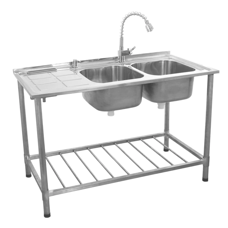 KuKoo Évier Commercial en Inox sur Pied à 2 Cuves – Égouttoir à Gauche