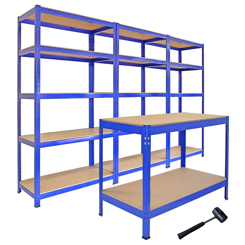 Monster Racking - Lot de 3 Rayonnages T-Rax en Acier Bleu & 1 Établi de Travail Q-Rax en Acier Bleu